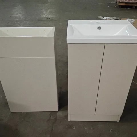 BATHROOM UNIT SET TO INCLUDE FREESTANDING BASIN UNIT, WALL MOUNTED UNIT, BACK TO WALL PAN, TOILET ROLL CABINET AND MORE IN GLOSS KASHMIR