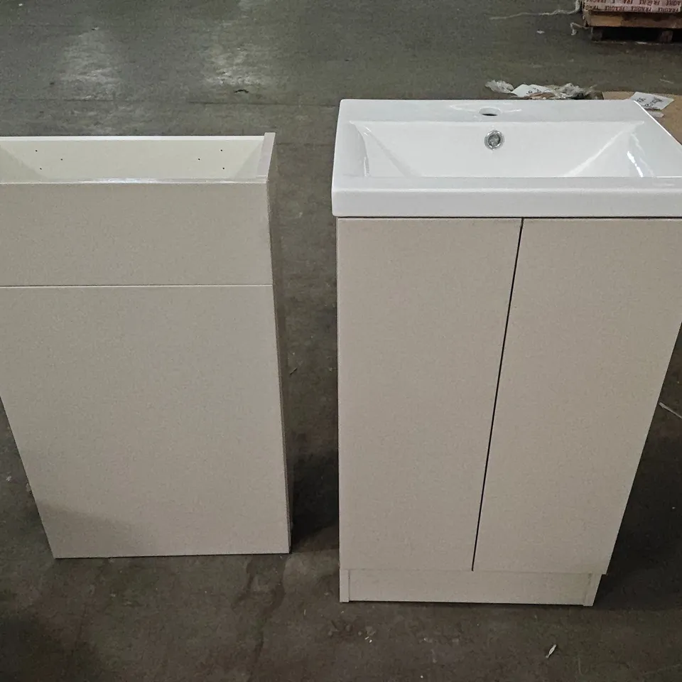 BATHROOM UNIT SET TO INCLUDE FREESTANDING BASIN UNIT, WALL MOUNTED UNIT, BACK TO WALL PAN, TOILET ROLL CABINET AND MORE IN GLOSS KASHMIR