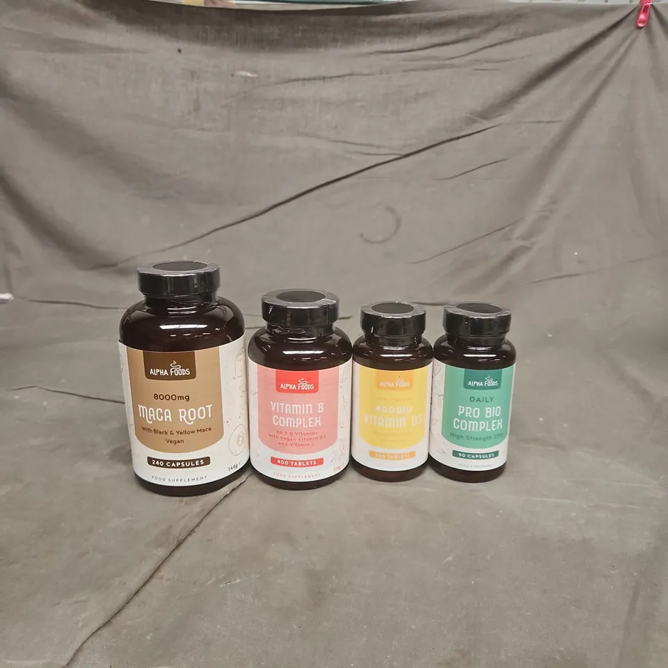 TOTE OF APPROXIMATELY 15 ASSORTED ALPHA FOODS PRODUCTS TO INCLUDE PRO BIO COMPLEX CAPSULES - MACA ROOT CAPSULES AND VITAMIN B COMPLEX TABLETS