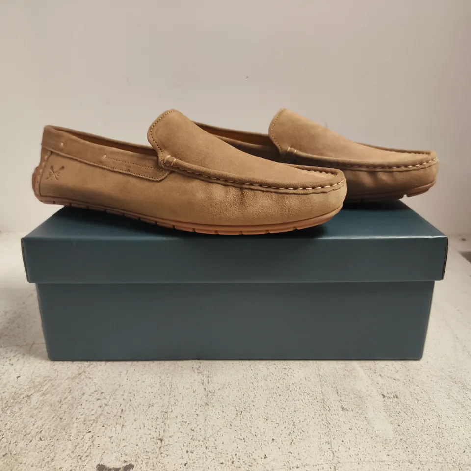 BOXED PAIR OF CREW CLOTHING COMPANY DRIVER LOAFERS IN TAUPE SIZE EU 45