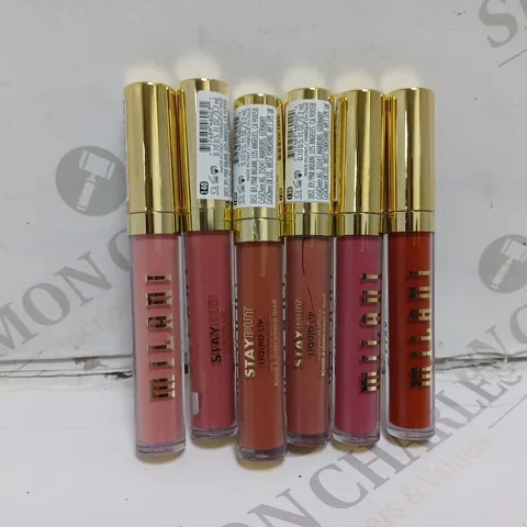 6 MILANI STAY PUT LIQUID LIP LONGWEAR LIPSTICK TO INCLUDE 110 GLOW UP, 150 SNATCHED, 190 WE STAN SHADES 