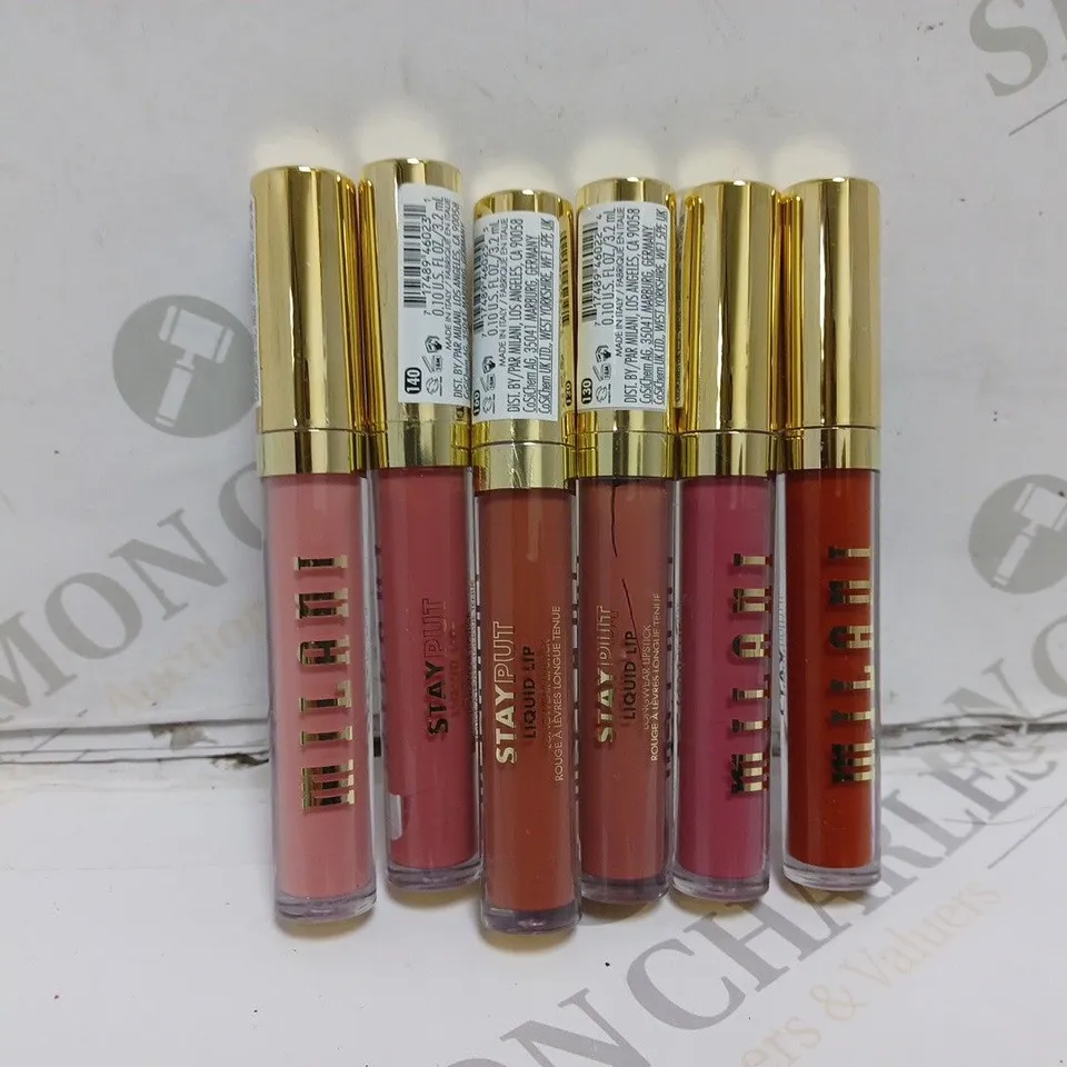 6 MILANI STAY PUT LIQUID LIP LONGWEAR LIPSTICK TO INCLUDE 110 GLOW UP, 150 SNATCHED, 190 WE STAN SHADES