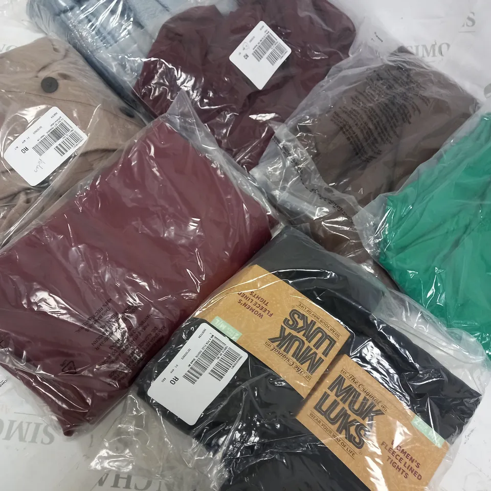 BOX OF APPROXIMATELY 20 ASSORTED ITEMS TO INCLUDE BLACK TIGHTS, RED SKIRTS, JUMPER ETC