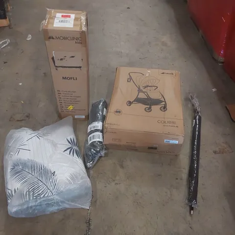 PALLET OF ASSORTED ITEMS TO INCLUDE: COLIBRI PRAM, TRAVEL COT, FISHING ITEMS, CUSHION, UMBRELLA ECT