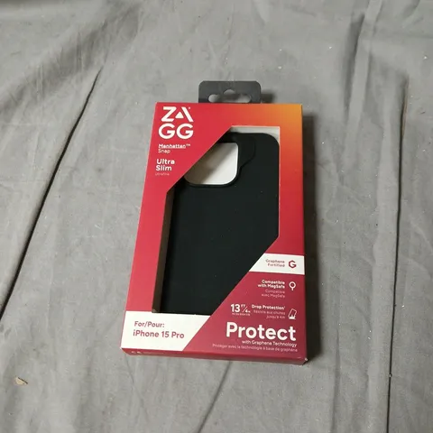 BOX OF APPROXIMATELY 40 ZAGG MANHATTAN SNAP ULTRA SLIM CASE FOR IPHONE 15 PRO 
