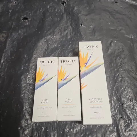 TROPIC SKINCARE SKIN FEAST NOURISHING MOISTURISER REFILL ×2 AND SMOOTHING CLEANSER REFILL. 3 ITEMS IN TOTAL .