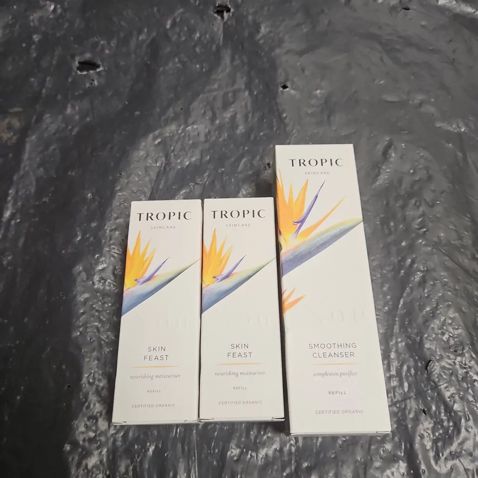 TROPIC SKINCARE SKIN FEAST NOURISHING MOISTURISER REFILL ×2 AND SMOOTHING CLEANSER REFILL. 3 ITEMS IN TOTAL .
