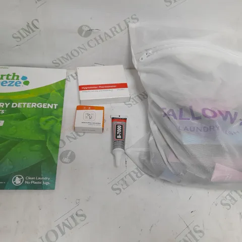 BOX OF APPROXIMATELY 15 ASSORTED ITEMS TO INCLUDE - LAUNDRY DETERGENT, TALLOW + WASH SET, HYDROMETER THERMOMETER ETC