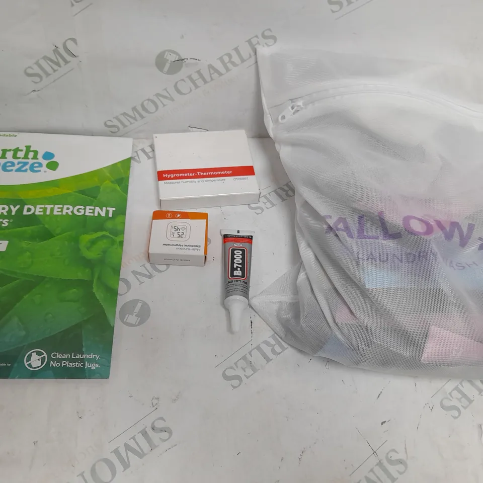 BOX OF APPROXIMATELY 15 ASSORTED ITEMS TO INCLUDE - LAUNDRY DETERGENT, TALLOW + WASH SET, HYDROMETER THERMOMETER ETC