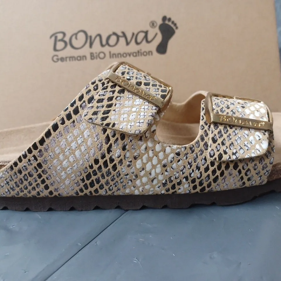 BOXED PAIR OF BONOVA SANDALS SNAKE SKIN PRINT DESIGN SIZE 6 UK