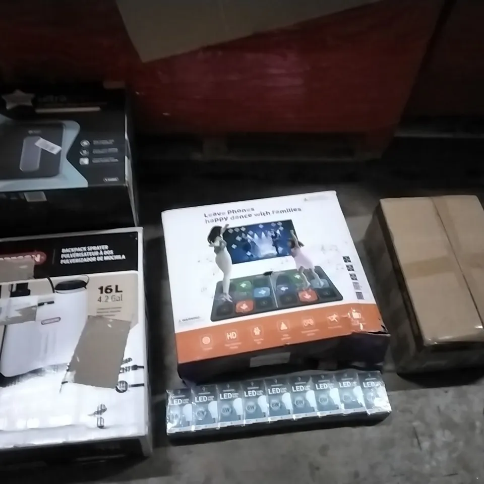 PALLET OF HOUSEHOLD ITEMS TO INCLUDE BATHROOM CABINET, 6W LED LIGHT BULBS, UV STERILISER, DANCE MAT AND OTHER ASSORTED ITEMS...