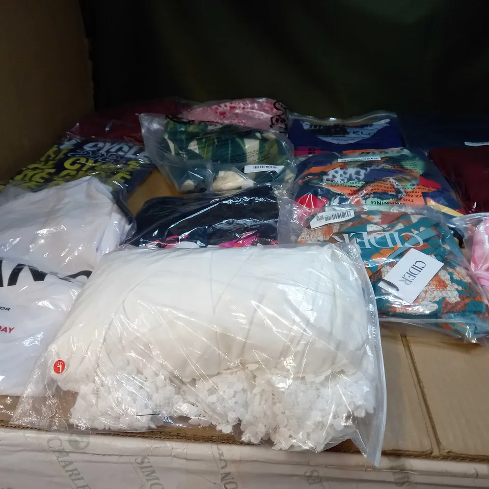 LOT OF APPROX 25 ASSORTED CLOTHING ITEMS VARYING IN SIZE/COLOUR/STYLE TO INCLUDE: TROUSERS, TOPS, DRESSES