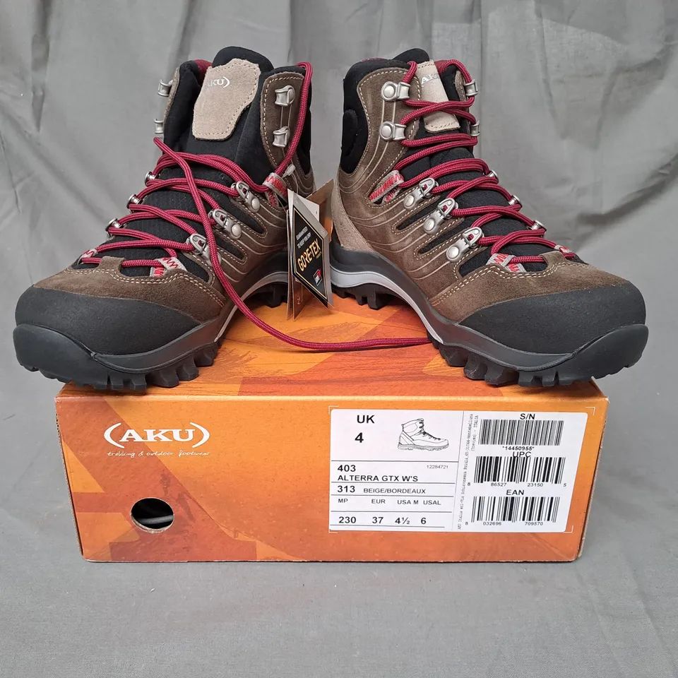 BOXED PAIR OF AKU ALTERRA GTX ANKLE BOOTS IN BEIGE/BROWN/BORDEAUX UK SIZE 4