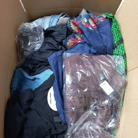 LARGE BOX OF APPROXIMATELY 20 ASSORTED CLOTHING ITEMS IN VARIOUS SIZES, STYLES AND COLOURS