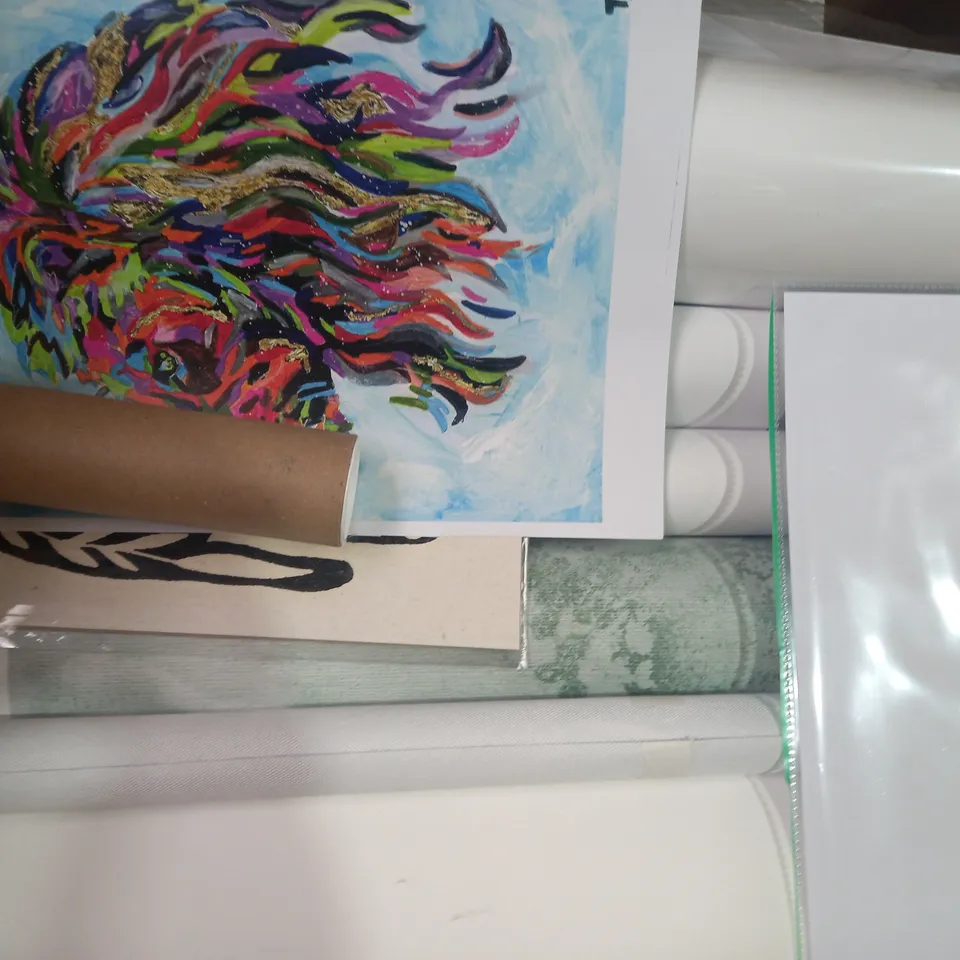 BOX OF APPROXIMATELY 20 ASSORTED ARTWORK ITEMS TO INCLUDE LANDSCAPE ART PRINT, ALL YOU NEED IS LOVE AND FIKA ART PRINT, ETC