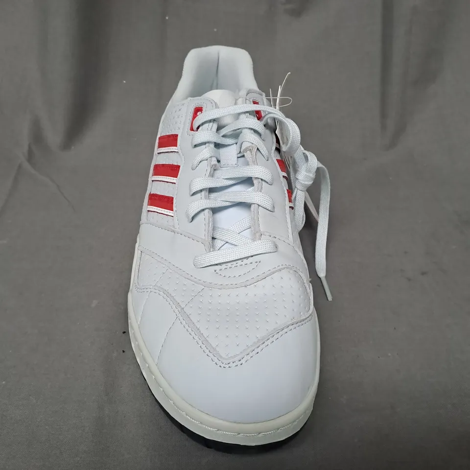 BOXED PAIR OF ADIDAS A.R. TRAINERS IN PALE BLUE/RED UK SIZE 10