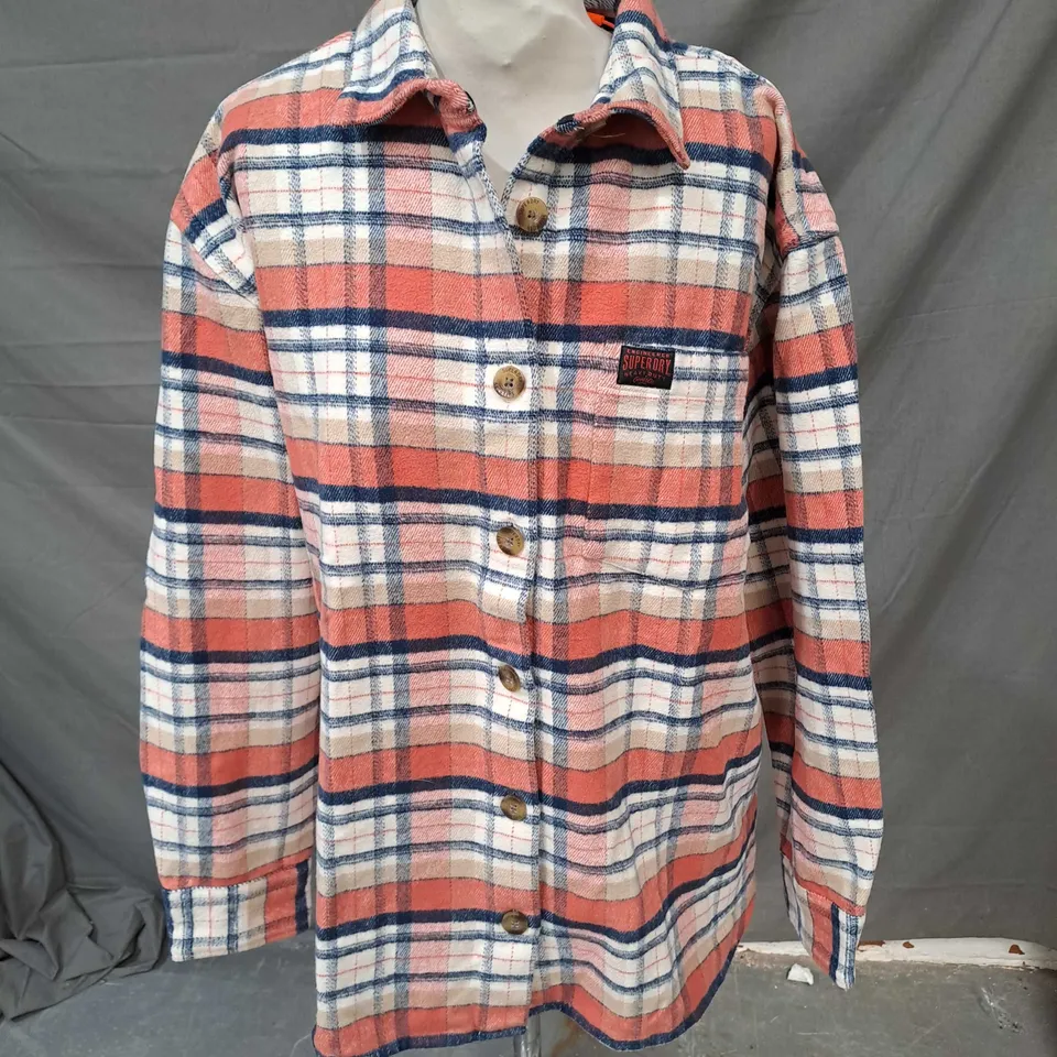 SUPERDRY CHECK FLANNEL OVERSHIRT IVORY/CORAL SIZE LARGE