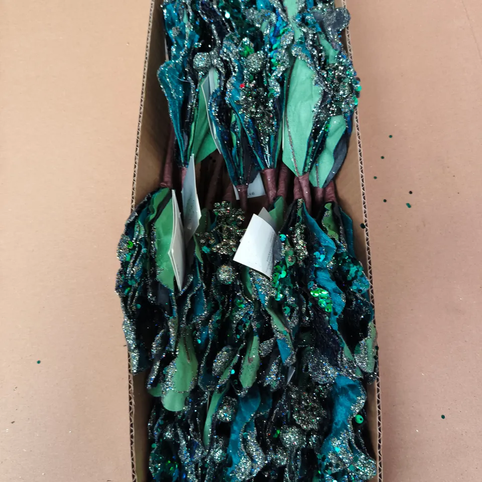 APPROXIMATELY 24 GISELA GRAHAM NAVY/GREEN FABRIC AND GLITTER POINSETTIA PICK ORNAMENTS