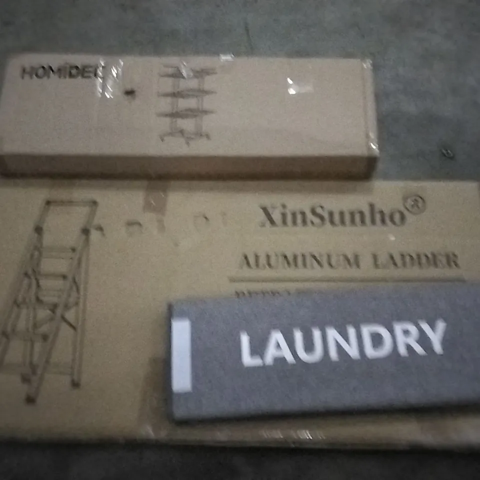 PALLET OF ASSORTED PRODUCTS TO INCLUDE; MAXTEC WHITEBOARD, TOILET SEATS, XINSUNHO ALUMINUM LADDERS AND LAUNDRY HAMPERS