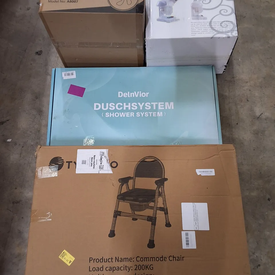 PALLET CONTAINING ASSORTED PRODUCTS INCLUDING CEILING FAN LIGHT, SHOWER SYSTEM, FACE AND HAIR STEAMER & COMMODE CHAIR