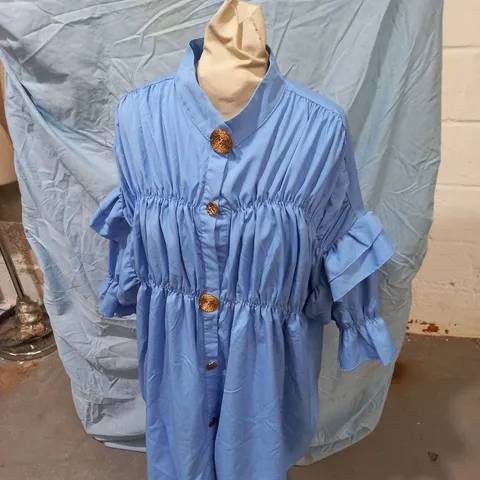 CHERRY KOKO WOMEN'S BLUE DRESS – BUTTON-FRONT, TIERED RUFFLE, SIZE M/L