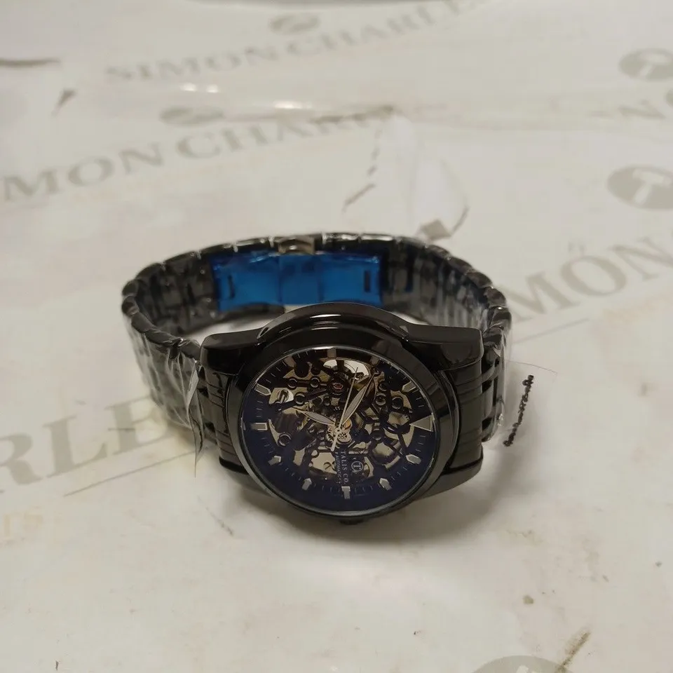 MEN’S TALIS CO 7820 AUTOMATIC WATCH – BLACK SKELETON DIAL AND CASE – STAINLESS STEEL STRAP – GLASS BACKCASE