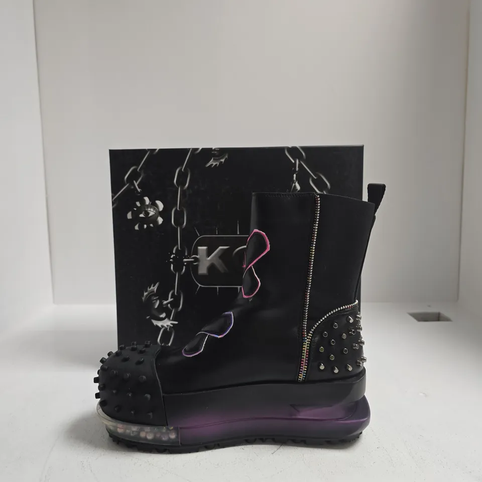 CYBERPUNK BLACK STUDDED LEATHER ANKLE BOOT WITH SIDE ZIP AND PURPLE TRANSLUCENT SOLE UK SIZE 6
