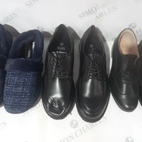 BOX OF APPROXIMATELY 12 ASSORTED PAIRS OF SHOES AND FOOTWEAR ITEMS IN VARIOUS STYLES AND SIZES TO INCLUDE MAN, CLARKS, CUSHION-WALK, ETC
