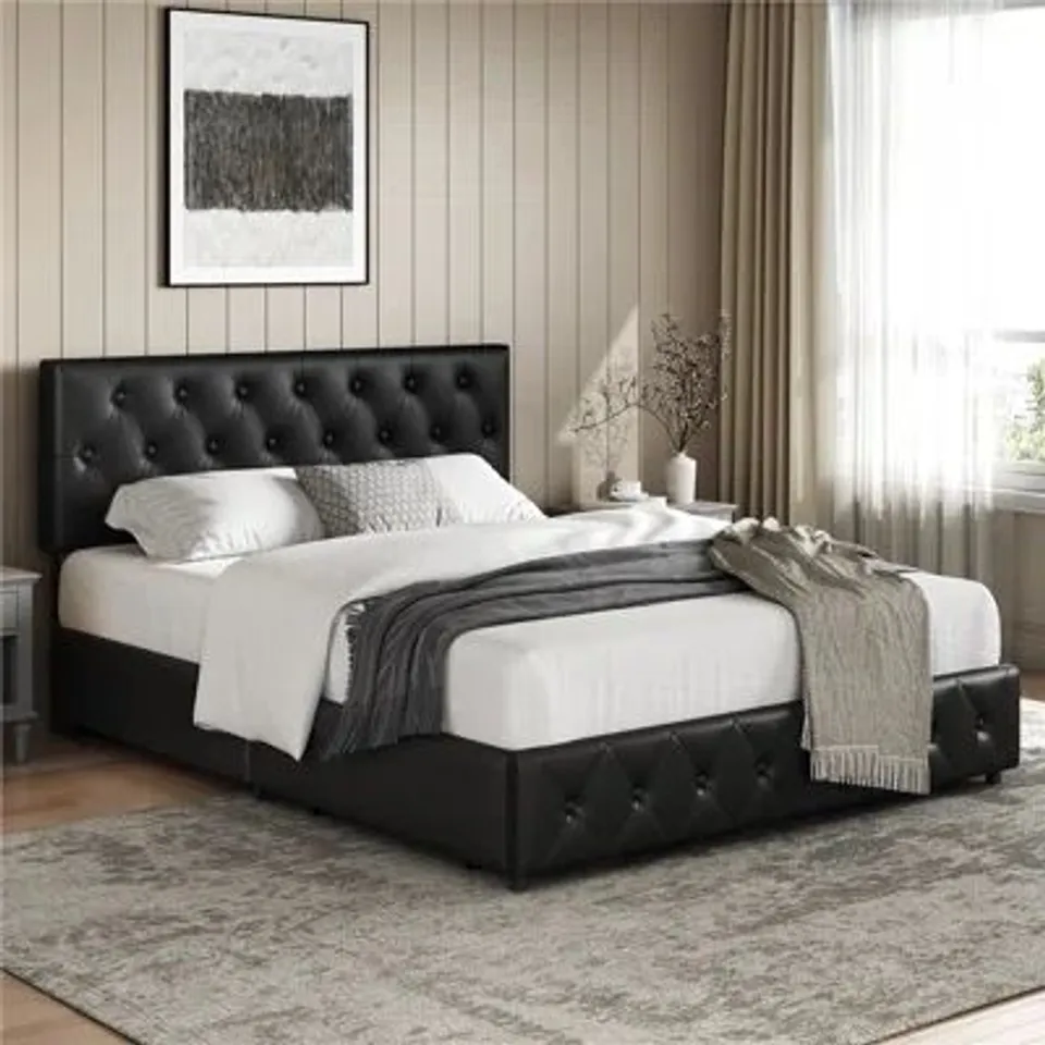 BOXED UPHOLSTERED KING BED FRAME WITH DRAWER STORAGE - BLACK (2 BOXES)