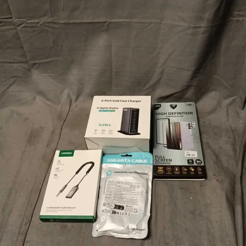 APPROXIMATELY 12 ASSORTED HOUSEHOLD ITEMS TO INCLUDE 8 PORT FAST CHARGER, CAR BLUETOOTH RECEIVER, USB DATA CABLE, SCREEN PROTECTOR ETC 