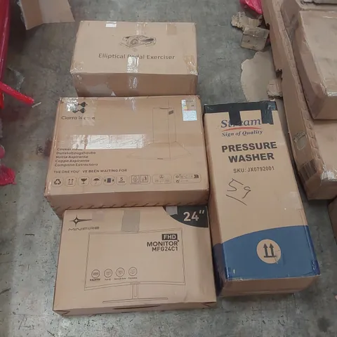 PALLET CONTAINING VARIOUS ASSORTED BOXED HOUSEHOLD ITEMS TO INCLUDE: ROWING MACHINE, 24" FHD MONITOR, PRESSURE WASHER, COOKER HOOD, ELLIPTICAL PEDAL EXERCISER AND LOTS MORE UNMARKED BOXED ITEMS