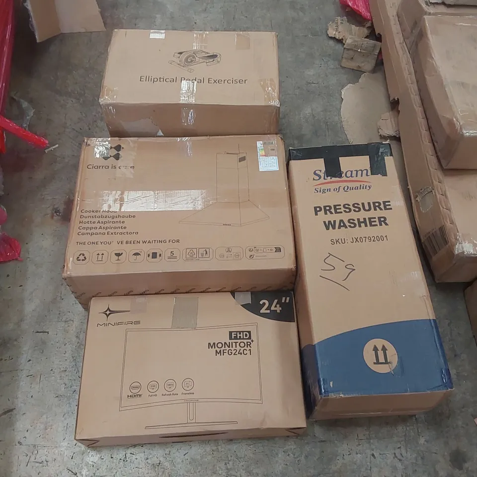 PALLET CONTAINING VARIOUS ASSORTED BOXED HOUSEHOLD ITEMS TO INCLUDE: ROWING MACHINE, 24" FHD MONITOR, PRESSURE WASHER, COOKER HOOD, ELLIPTICAL PEDAL EXERCISER AND LOTS MORE UNMARKED BOXED ITEMS 