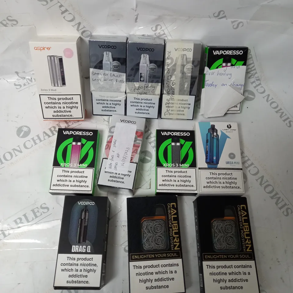 APPROXIMATELY 12 ASSORTED VAPES INCLUDING VOOPOO, UWELL, VAPORESSO