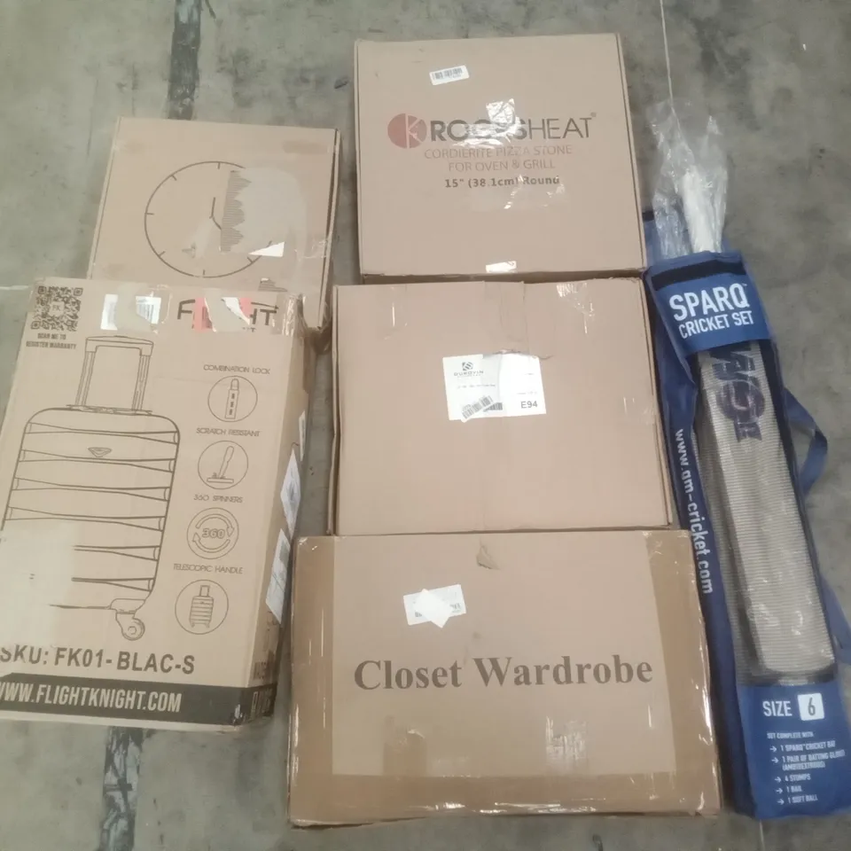 PALLET OF ASSORTED ITEMS INCLUDING CLOSET WARDROBE, FLIGHT KNIGHT SUITCASE, ROCKSHEAT PIZZA STONE FOR OVEN GRILL, NIGHT LIGHT WALL CLOCK, CRICKET SET, SLIM TOILET SEAT  