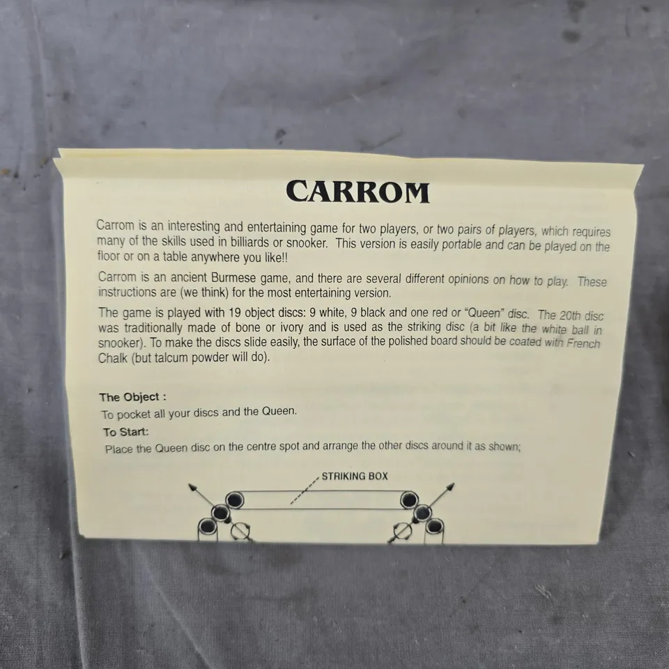 CARROM BOARD SET WITH DISCS, INSTRUCTION SHEET AND CLOTH BAG