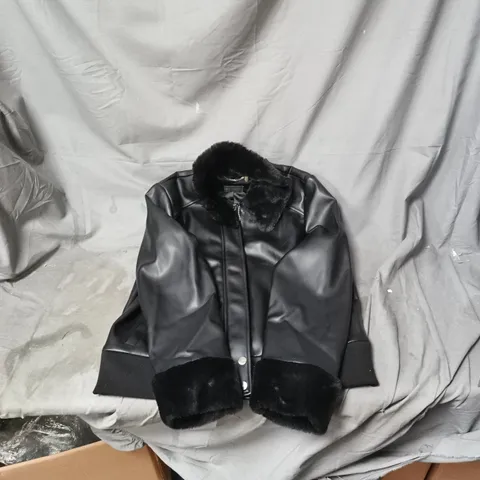 RUTH LANGSFORD BLACK FAUX-LEATHER BOMBER JACKET WITH FUR COLLAR – SIZE 10
