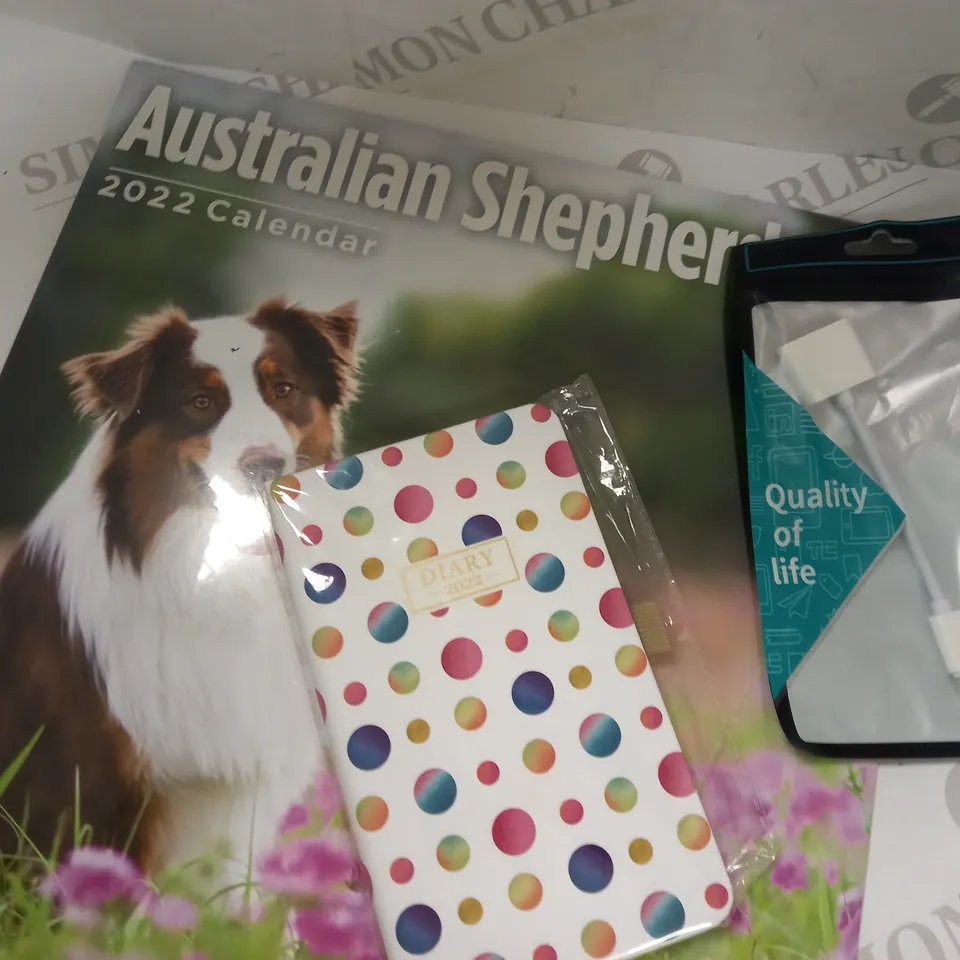 BOX OF APPROXIMATELY 15 ASSORTED HOUSEHOLD ITEMS TO INCLUDE DESIGNER 2022 DIARY, BRIGHT DAY COMPANY 2022 CALENDAR, DESIGNER CABLE, ETC