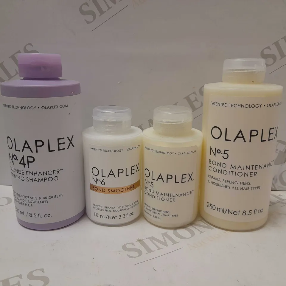 LOT OF 4 ASSORTED OLAPLEX PRODUCTS TO INCLUDE NO.4P BLONDE TONING SHAMPOO, NO.6 BOND SMOOTHER, NO,5 BOND MAINTAINENCE CONDITIONER