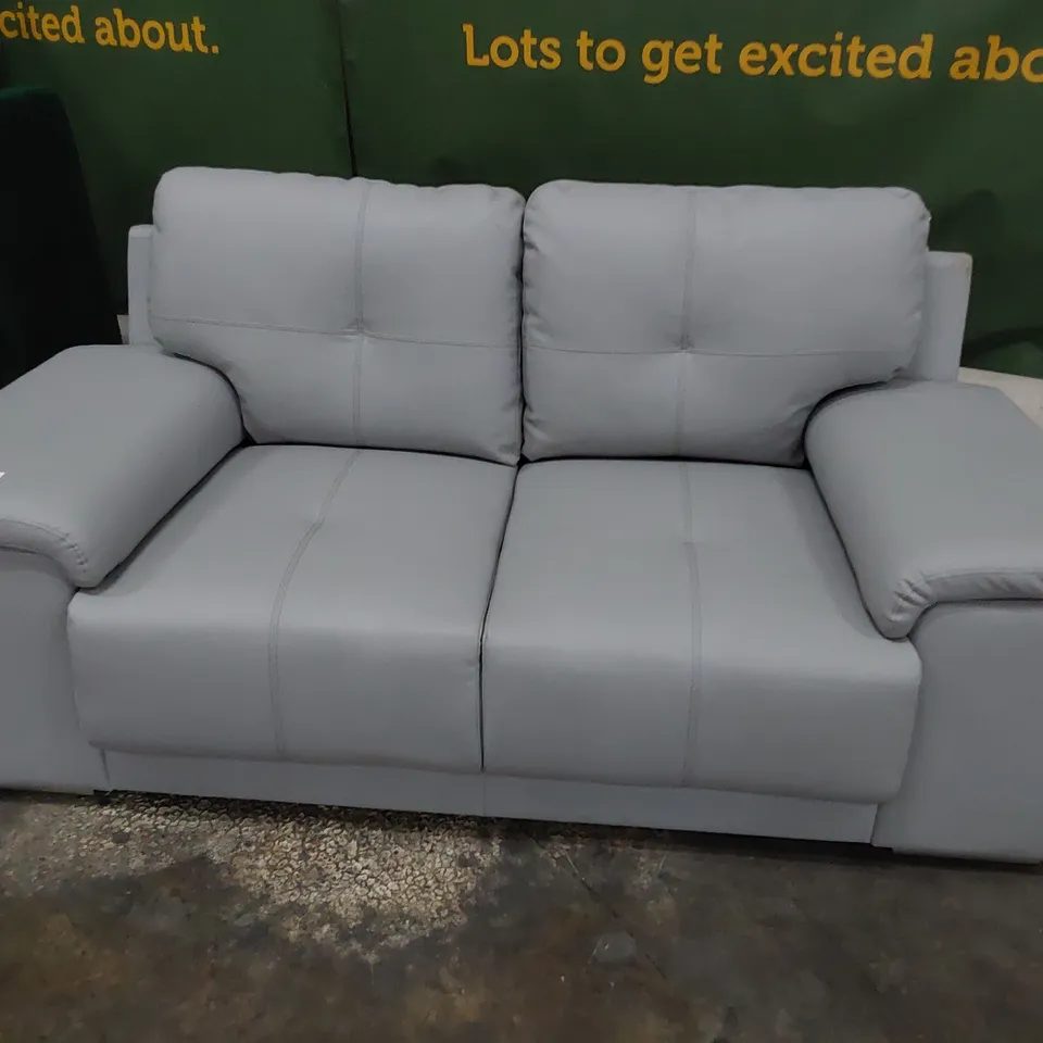DESIGNER TWO SEATER SOFA LIGHT GREY LEATHER 