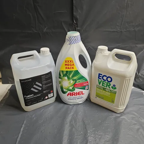 LOT OF 3 ASSORTED LARGE LIQUIDS TO INCLUDE - ECOVER WASHING UP LIQUID - EZCARCARE FUSION HYDROPHOBIC SPRAY SEALANT - ARIEL LAUNDRY DETERGENT