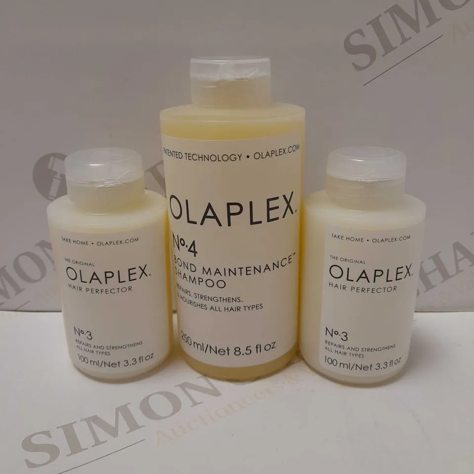 LOT OF 3 ASSORTED OLAPLEX PRODUCTS TO INCLUDE 2 X 100ML NO.3 HAIR PERFECTOR & NO,4 BOND MAINTAINANCE SHAMPOO 250ML 