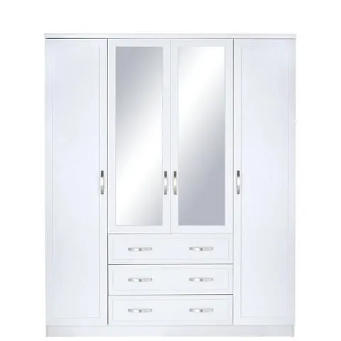 BOXED GRADE 1 CAMBERLEY 4-DOOR 3-DRAWER WHITE MIRRORED WARDROBE (2 BOXES)