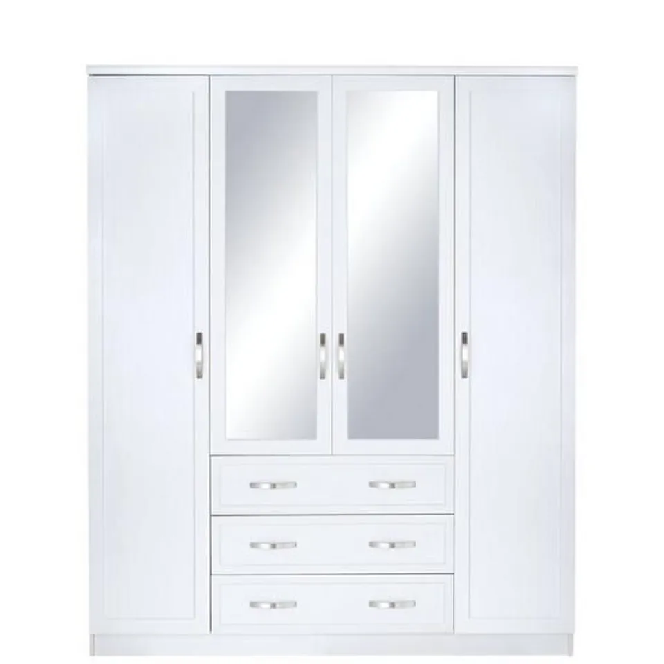 BOXED GRADE 1 CAMBERLEY 4-DOOR 3-DRAWER WHITE MIRRORED WARDROBE (2 BOXES) RRP £359