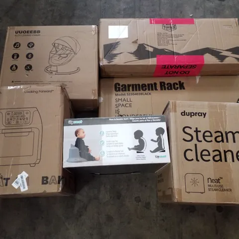 PALLET OF ASSORTED PRODUCTS INCLUDING GARMENT RACK, AUTO SWING CHAIR, CAMPING CHAIR, UPSEAT FLOOR & BOOSTER SEAT, MULTI-USE STEAM CLEANER, AIR FRYER 