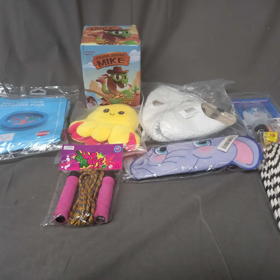 LARGE BOX OF ASSORTED TOYS AND GAMES TEDDIES, SKIPPING ROPE AND MASKS