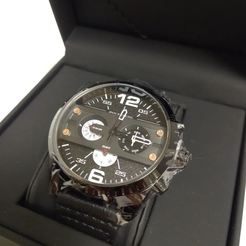 RUCKSTUHL TRIPLE DIAL BLACK LEATHER STRAP WRISTWATCH RRP £560