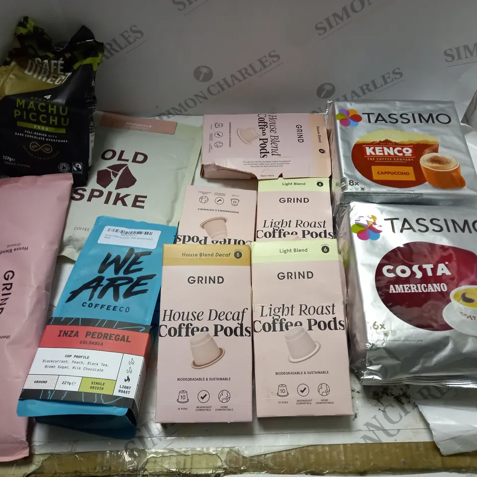 LOT OF 11 ASSORTED PACKS OF COFFEE TO INCLUDE TASSIMO AND WE ARE COFFEE