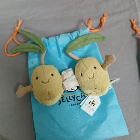 JELLYCAT AMUSEABLES OLIVES SOFT TOYS – PAIR WITH BLUE DRAWSTRING BAG