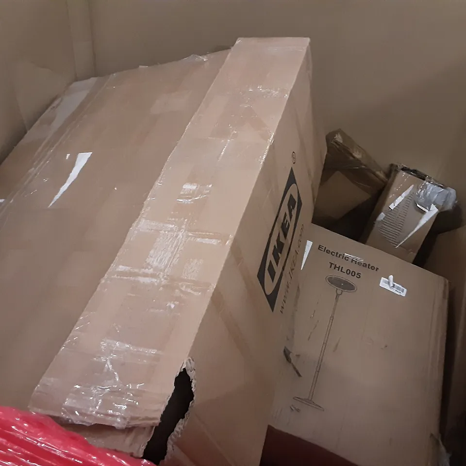 PALLET OF ASSORTED PRODUCTS INCLUDING FABIANS CLARKE PHOTO FRAMES, INOFIA, SHAPE HALF BALANCE BALL WITH RESISTANCE BANDS, 3 LAYER CLOTHES RACK HANGER, ELECTRIC HEATER, IKEA
