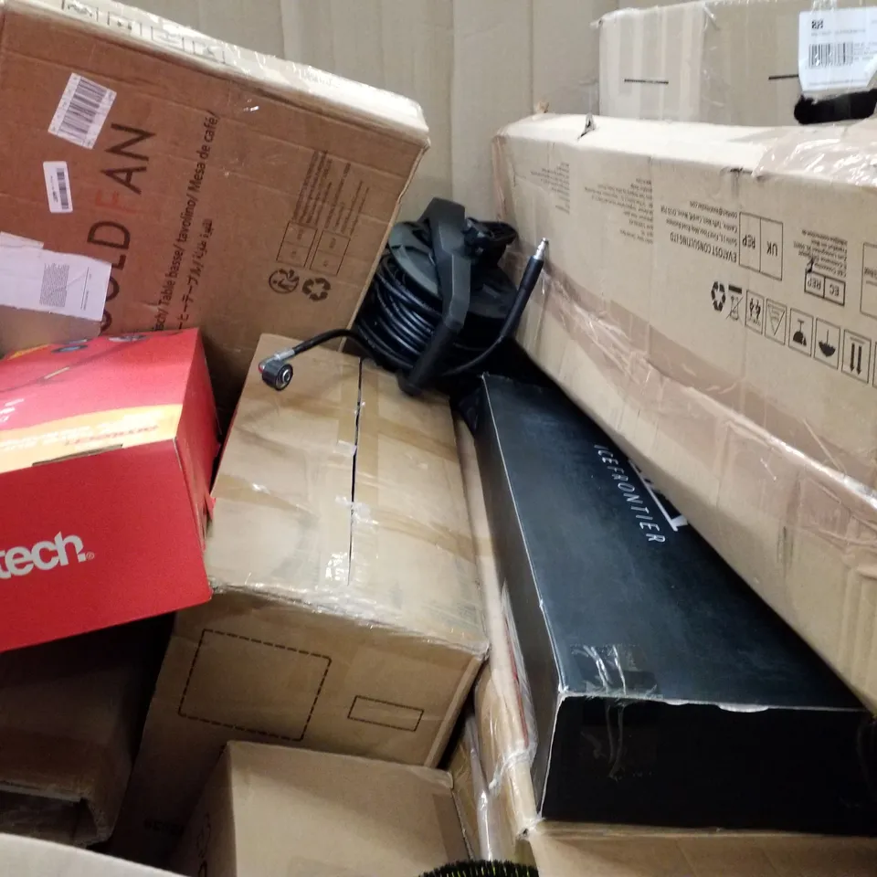 PALLET OF ASSORTED PRODUCTS INCLUDING AIR COOLER, LED CEILING FAN, PRESSURE WASHER, 6 PERSON TENT, TABLE BASE